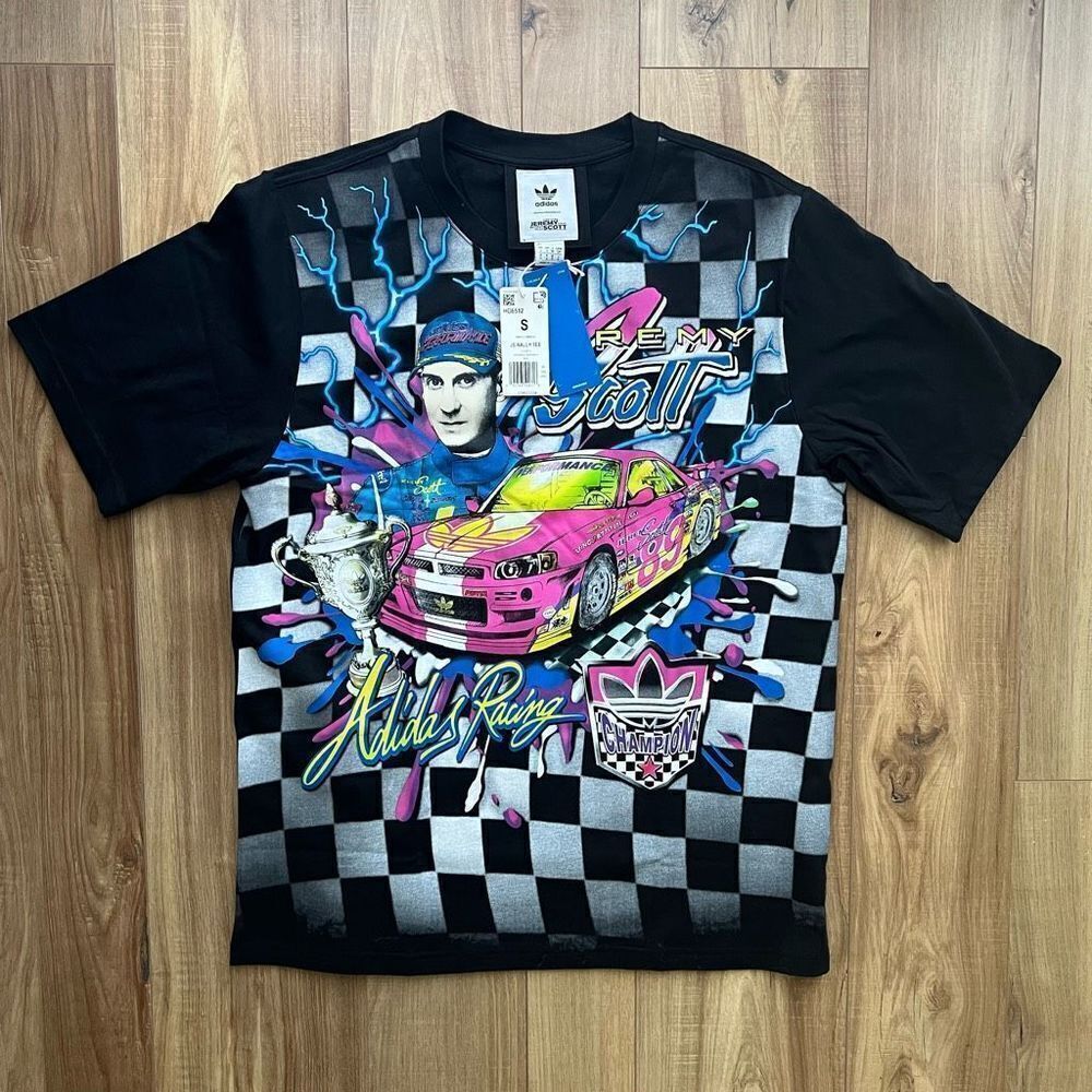 Adidas Jeremy Scott Shirt JS Rally NASCAR Style Print Checker TEE Adult Size Sma